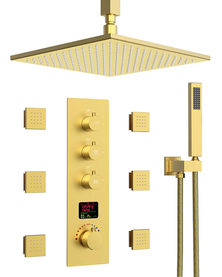 SFS-1026-GD12 EVERSTEIN LED Thermostatic Dual Function Shower Head System Ceiling Mounted with Rough-in Valve in Brushed Gold