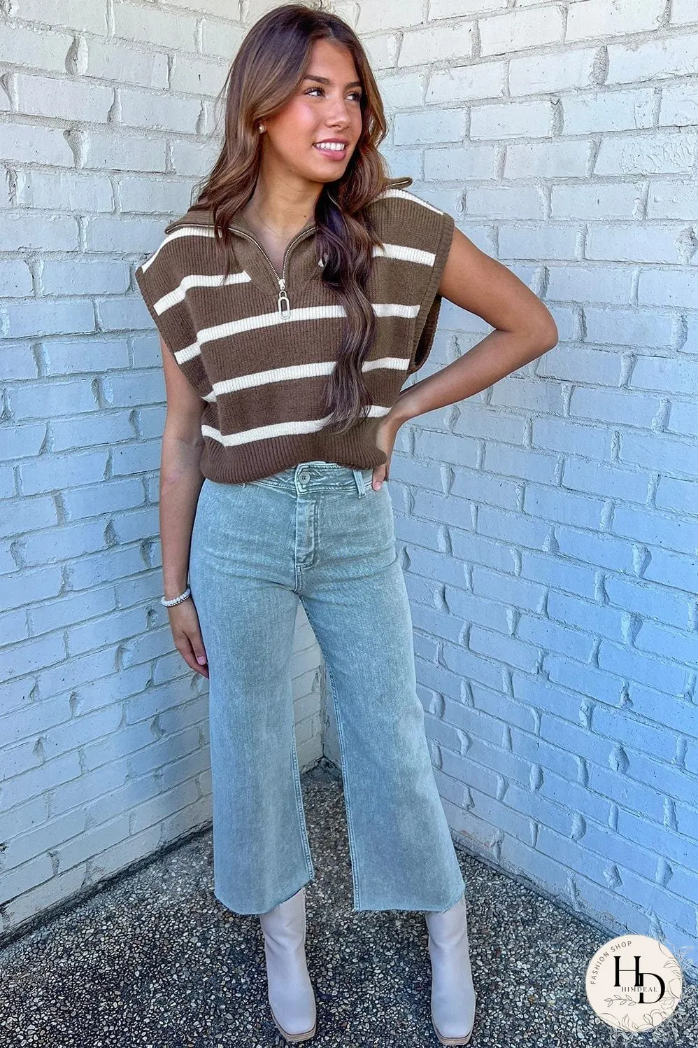 Cozy Brown Striped Zip-Up Collared Cap Sleeve Sweater Top