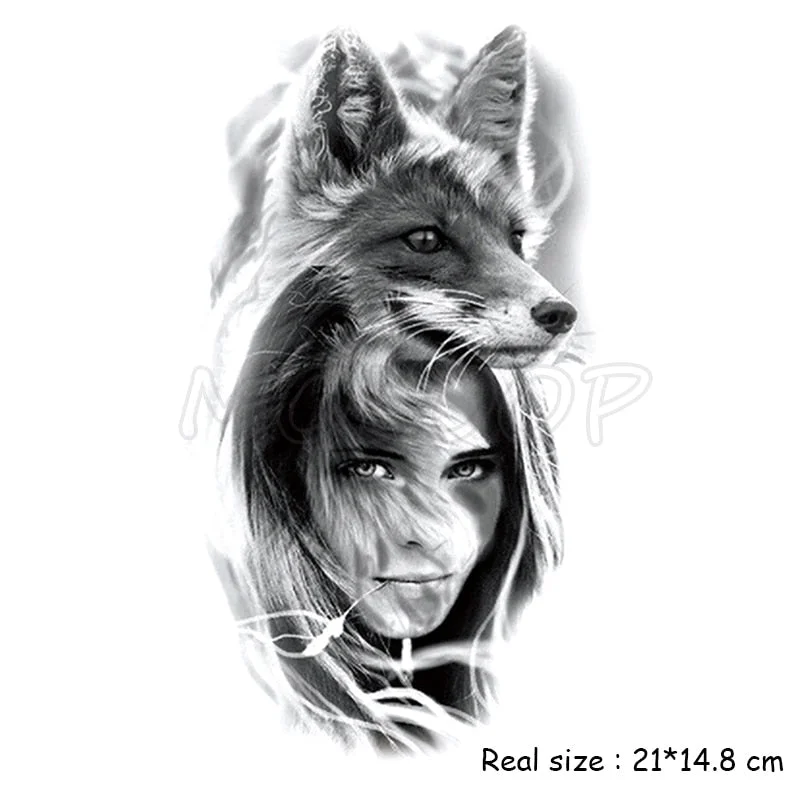 Temporary Tattoo Stickers Black Fox Head Girl Reed Fake Tatto Waterproof Tatoo Back Leg Arm Belly Big Size for Women Men Girl
