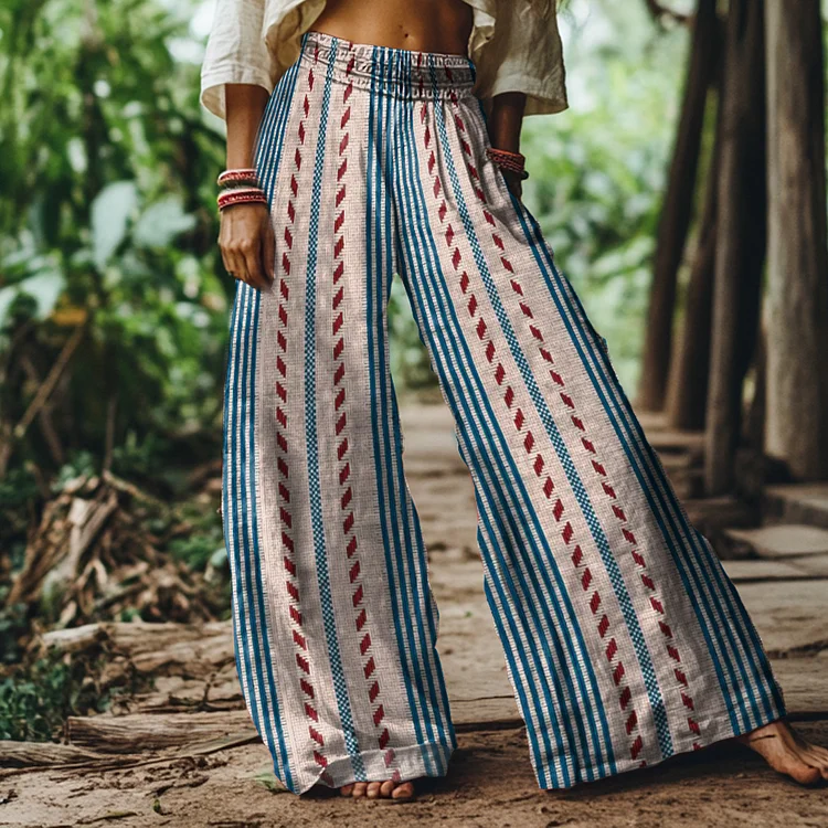 Vintage Bohemian Striped Art Print Loose Wide Leg Pants