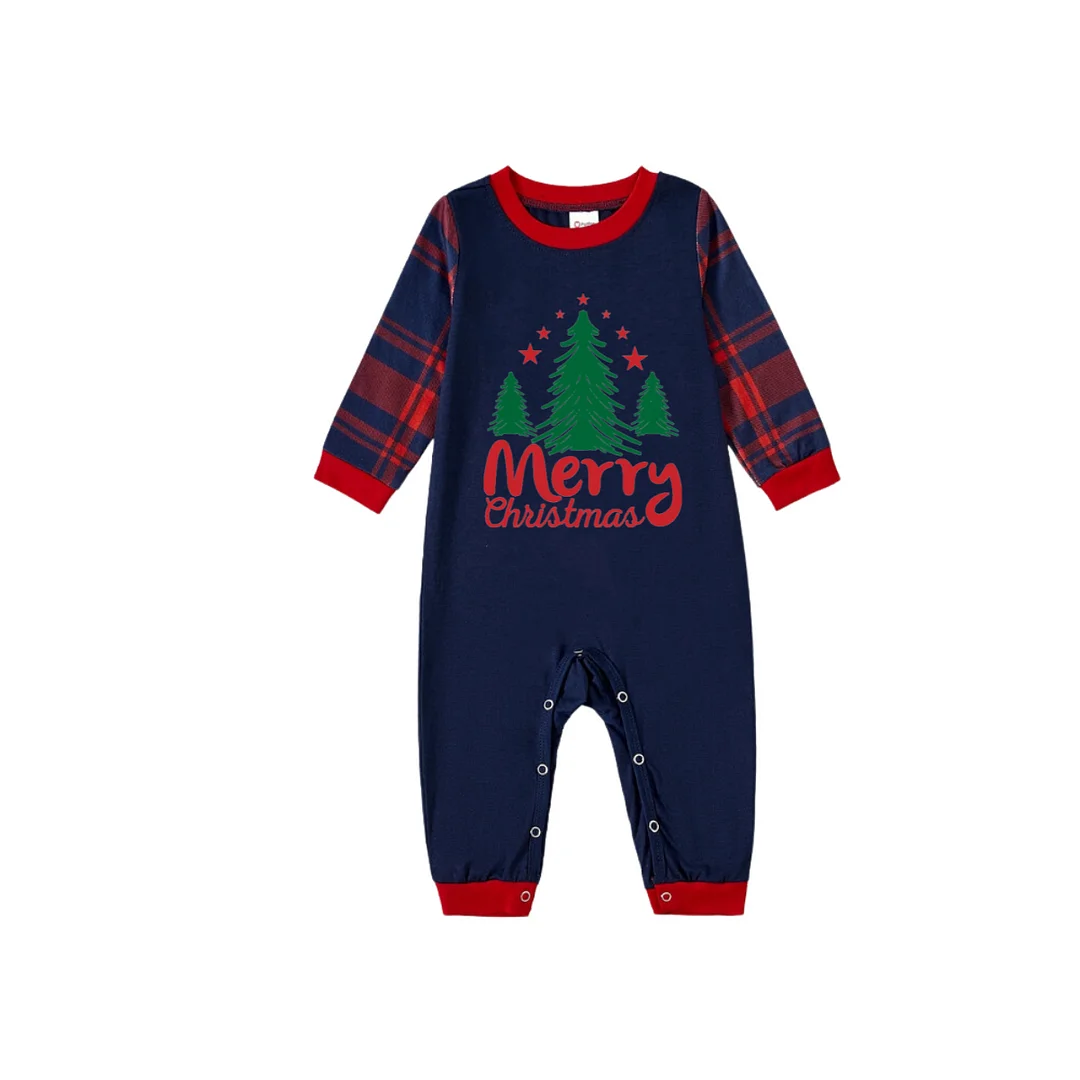 Green Christmas Tree "Merry Christmas" Letter Print Blue Long Sleeve Top with Red & Blue Plaid Couple Matching Pajamas