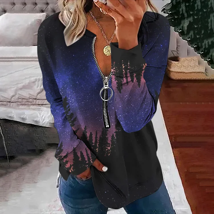 Landscape Gradient Print V Neck Sweatshirt