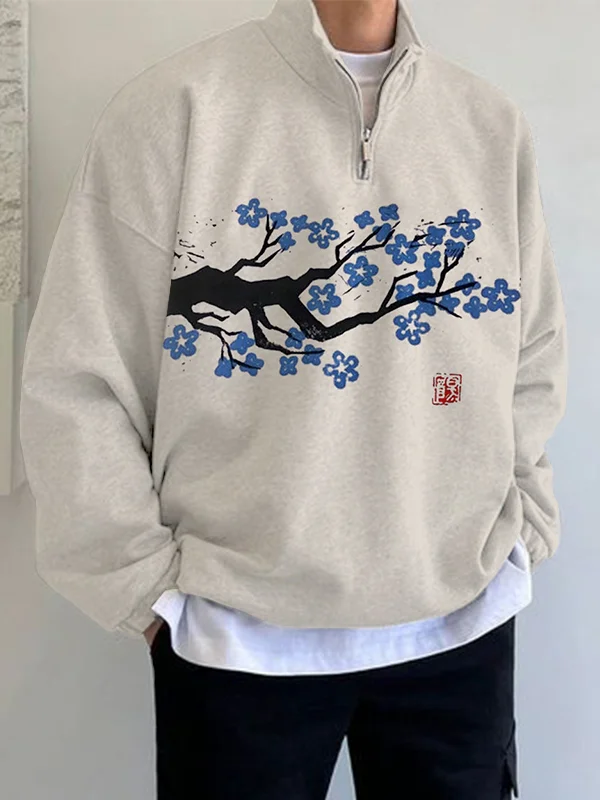 Men's Cherry Blossom Japanese Lino Art Cadet Collar Sweatshirt