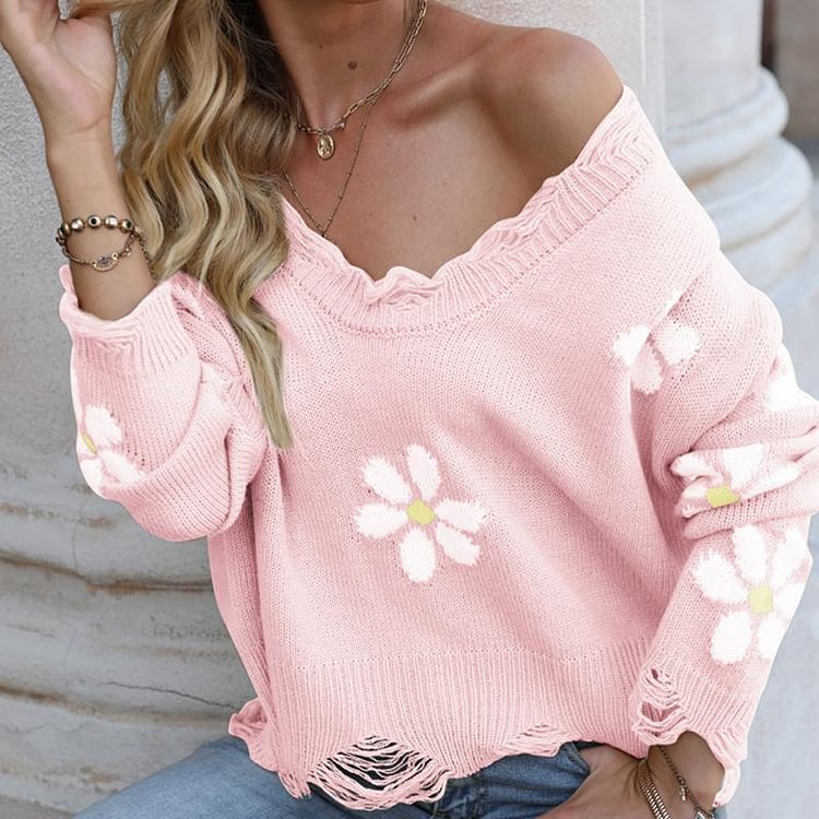 Mayoulove Women's Sweater Ripped Long Sleeve Flower Print V-Neck Loose Pullover Sweater-Mayoulove