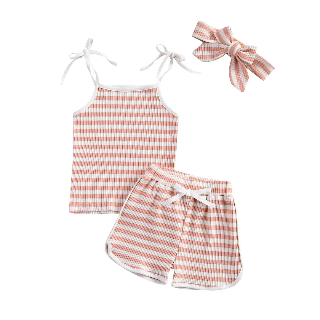2021 Baby Summer Clothing Baby Girls Boys Ribbed Striped Clothes Set Vest Sleeveless Tops Shirt Shorts Headband 3Pcs Set