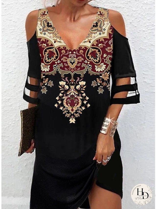 Casual Dress Mini Dress Black 3/4 Length Sleeve Print Mesh Summer Spring V Neck Stylish S M L XL 2XL 3XL 4XL for Women