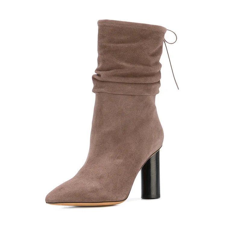 Brown Slouch Boots Pointy Toe Suede Block Heel Mid-calf Boots |FSJ Shoes