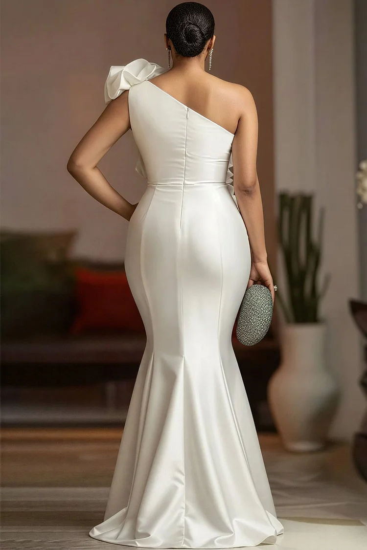 Xpluswear Design Plus Size Wedding White One Shoulder Ruffle Elegant Bodycon Satin Maxi Dresses [Pre-Order]