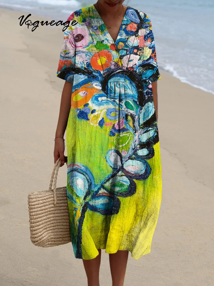 Oil Painting Colorful Plants Printed Women's Casual Cotton And Linen Dress