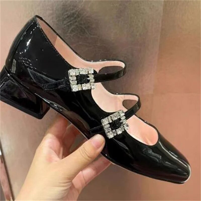 VCshoes Rhinestones Shoes For Ladies Square Toe Women Patent Leather Mary Janes Front Strap Churry High Heels Belts Buckle Zapatos Mujer