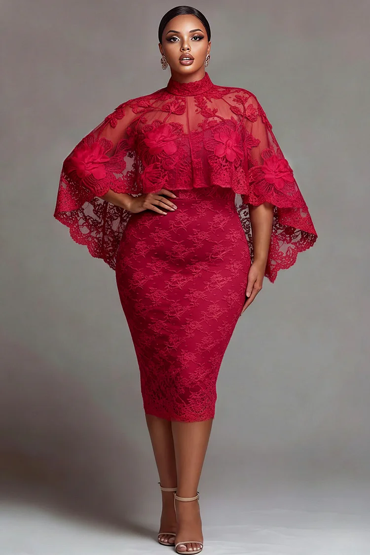Xpluswear Design Plus Size Valentines Red Round Neck Cape Sleeve Half Sleeve See Through Guipure Lace Midi Dresses 2024 - Xpluswear