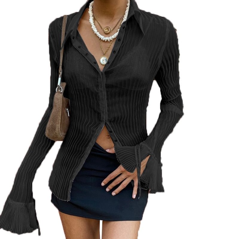 Xingqing Vintage White Folds Cute Y2K Shirts Women Elegant Fashion Flared Sleeve Button Tops See Through Sexy Mesh E Girl Tees