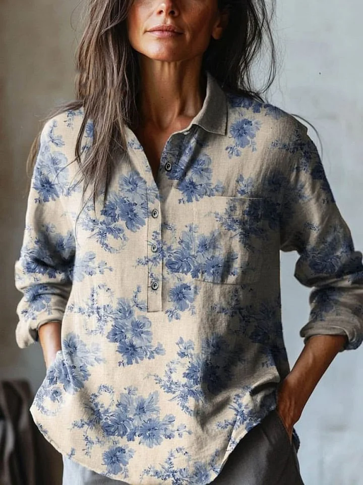 Women's Vintage Lovely Floral Art Print Casual Cotton And Linen Shirt