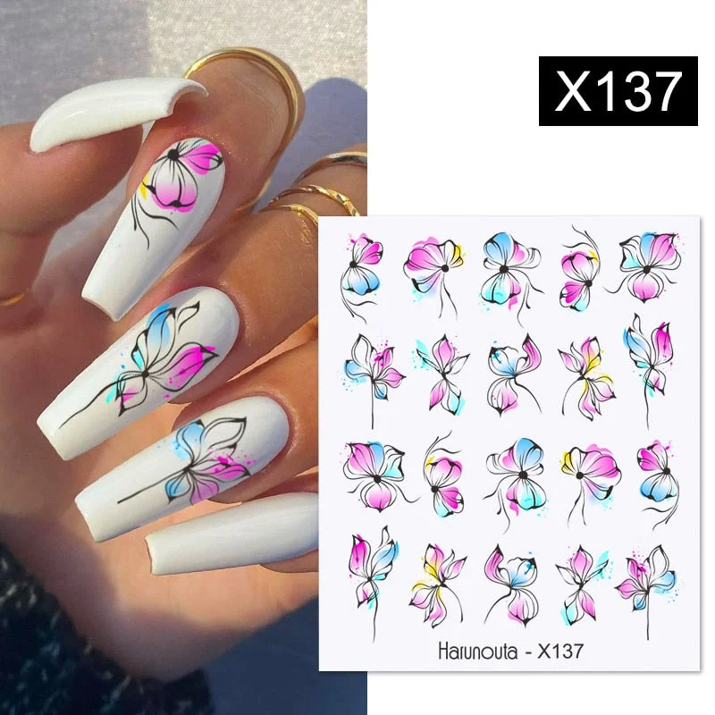 Harunouta Butterfly Flower Design Leaves Nail Water Decals Color Wave Geometric Line Charms Sliders Decoration Tips For Nail Art-Nail Inspo