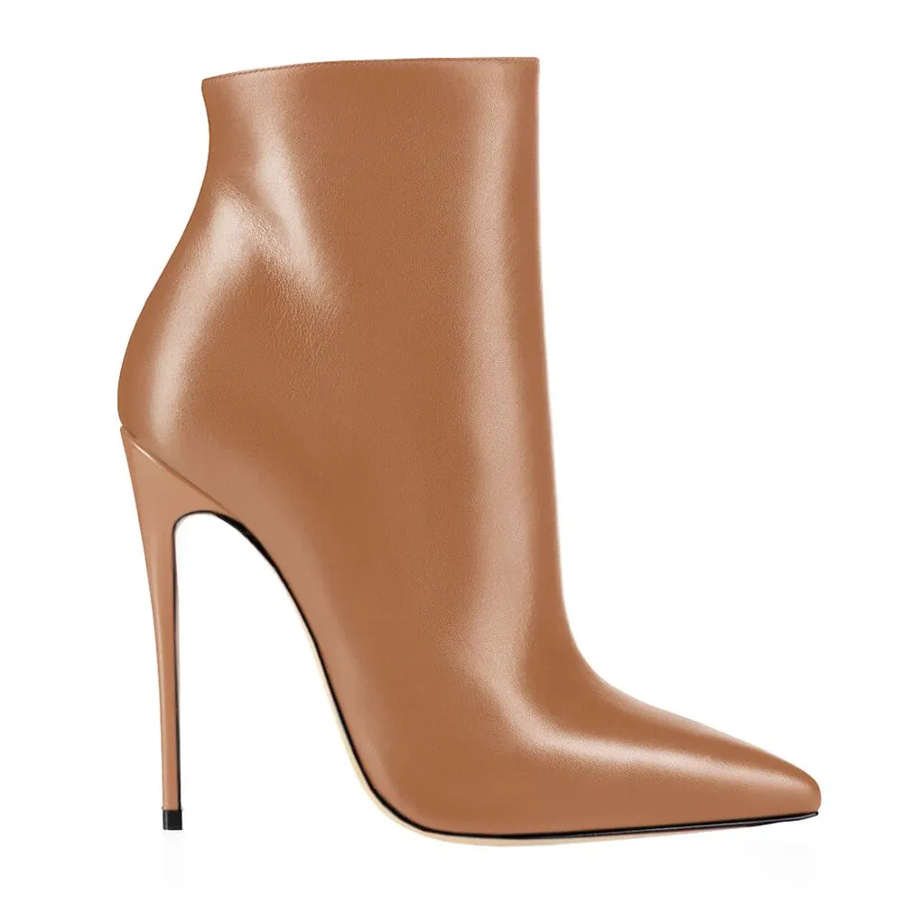 Women's Ankle Boots Closed Pointed Toe Stilettos Brown Booties-vocosishoes