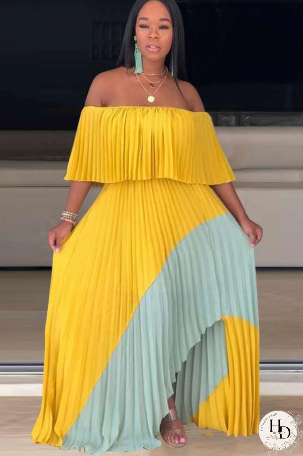 Yellow Polyester Sexy Fashion Off The Shoulder Short Sleeves One word collar Pleated Floor-Length split asy
