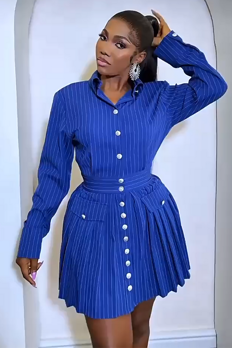Striped Pattern Long Sleeve Button Up Pleated Blouse Mini Dresses-Blue