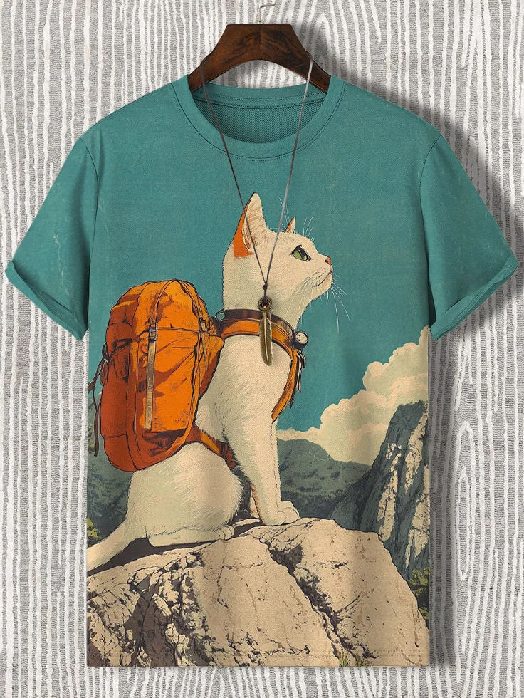 Men's White Cat Hiking Art Print T-Shirt