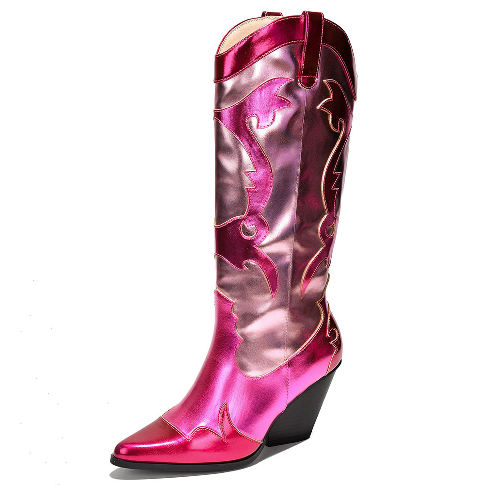 Fuchsia and Pink Metallic Patchwork Cowgirl Boots with Chunky Heel Nicepairs