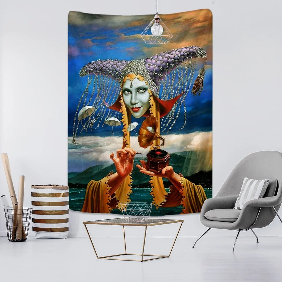 Landscape Woman Tapestry Wall Hanging Psychedelic Witchcraft Natural Mountains And Rivers Ink Painting Home Decor
