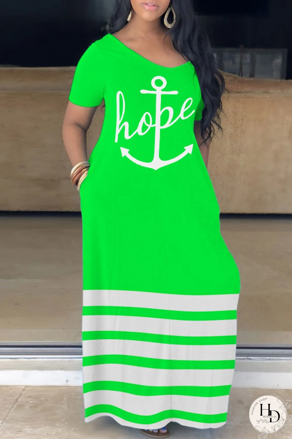 Green Casual Print Basic V Neck Short Sleeve Dress Dresses