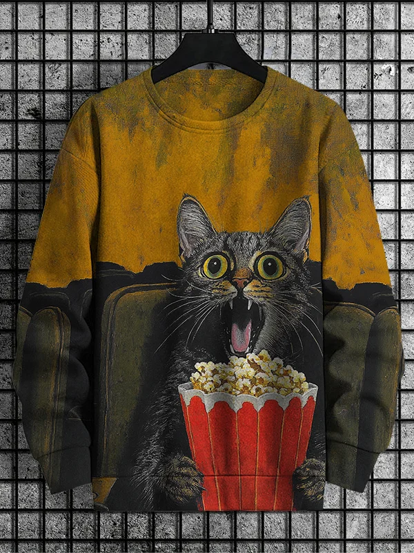 Men's Cat Watching Horror Movie With Popcorn Art Print Casual Sweatshirt