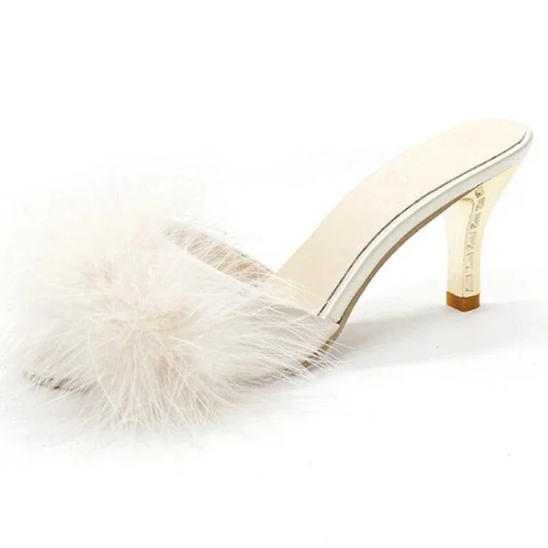 Punklens Summer Shoes Woman Feather Thin High Heels Fur Slippers Peep Toe Mules Lady Pumps Slides Shoes Big Size