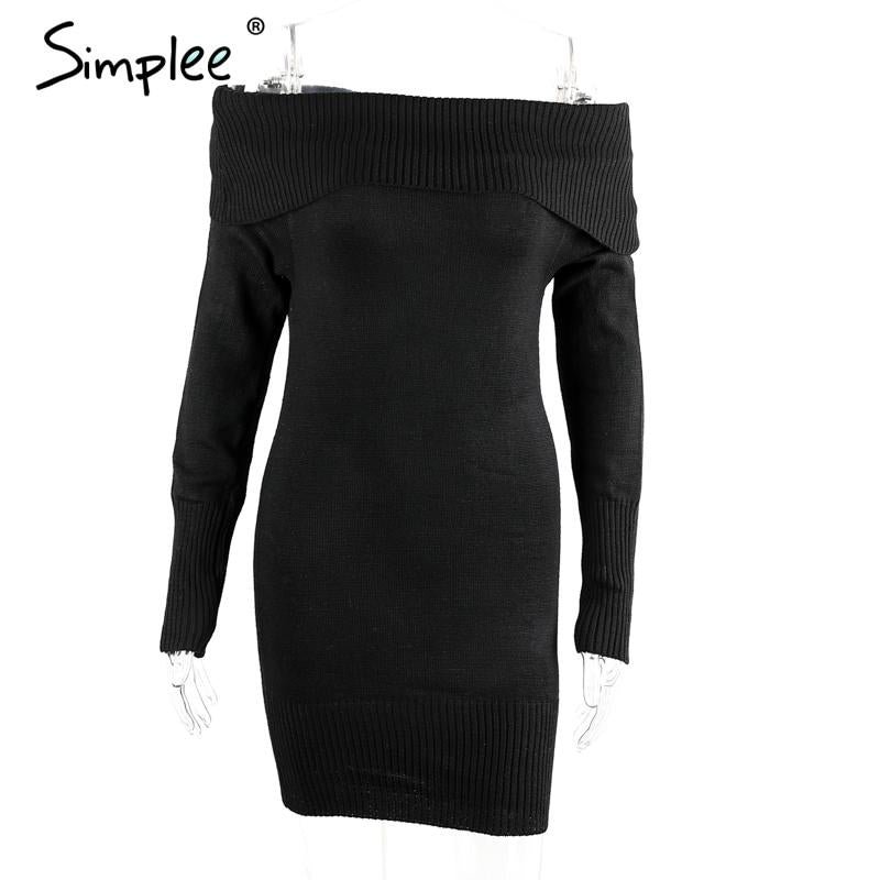 Simplee Winter off shoulder knitted bodycon dress Women long sleeve autumn sexy dress 2016 party short white dresses vestidos