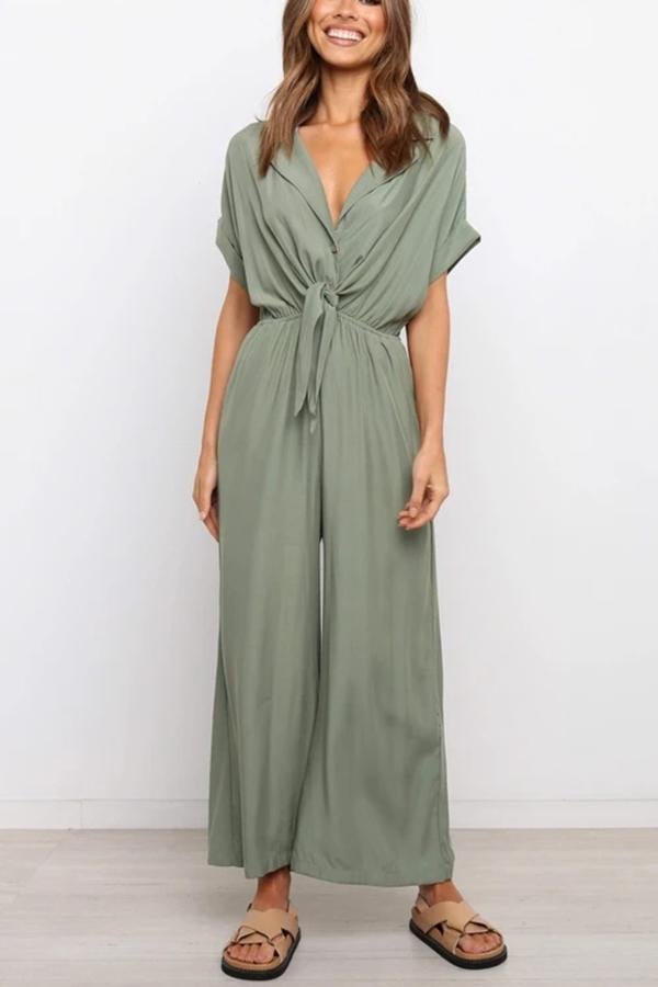 Houston Pocketed Button Down Tie Jumpsuit