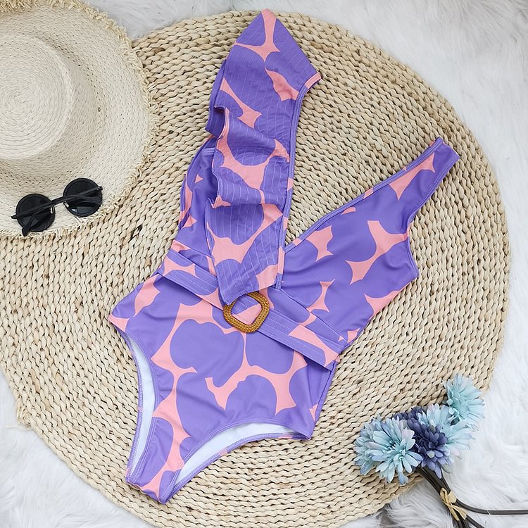Flaxmaker Ruffle Color Block Sexy One Piece Swimsuit