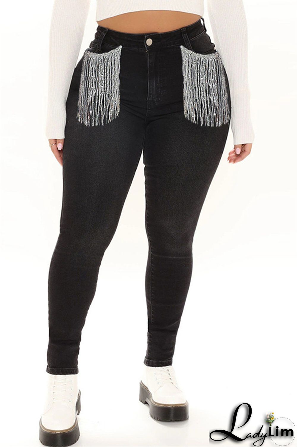 Light Blue Fashion Casual Solid Tassel Patchwork Mid Waist Skinny Denim Jeans