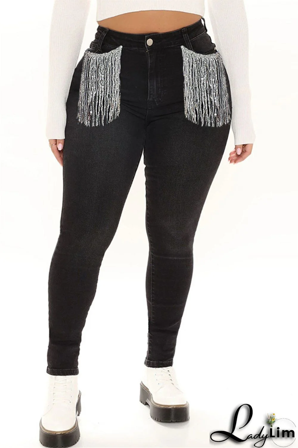 Light Blue Fashion Casual Solid Tassel Patchwork Mid Waist Skinny Denim Jeans