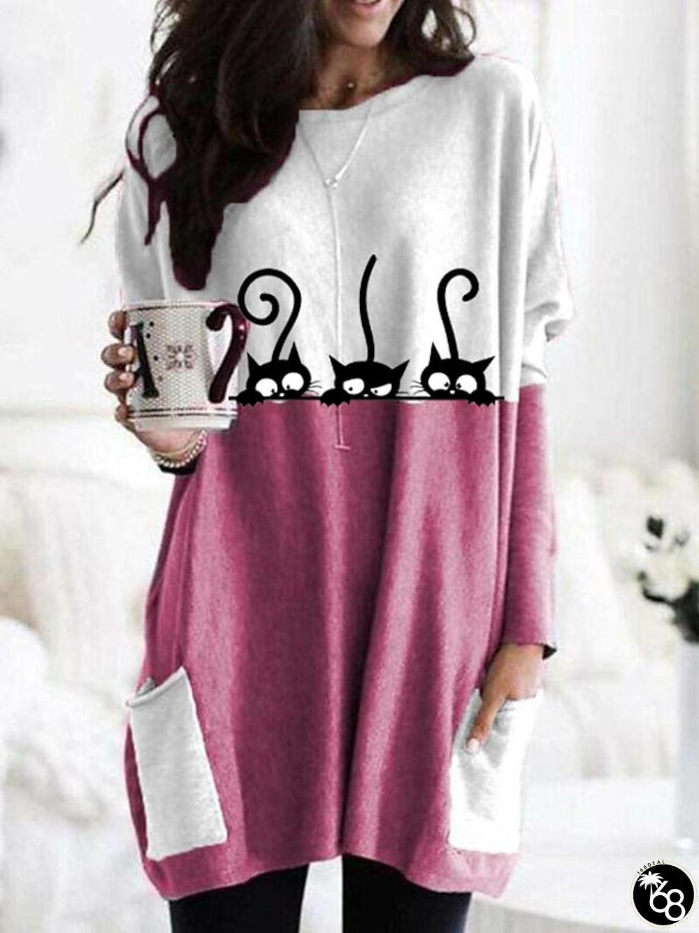 Women's T shirt Dress Tunic Shirts T shirt Tee Tunic Pink Blue Khaki Animal Cat Pocket Print Long Sleeve Casual Daily Basic Round Neck Long Cat S | 168DEAL