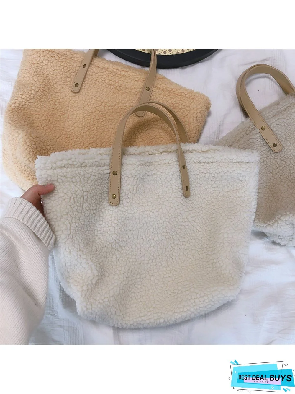 Pure Color Lambswool Large Capacity Handbag