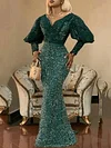 Elegant V-Neck Puff Sleeve Sequined Green Slim Maxi Dress