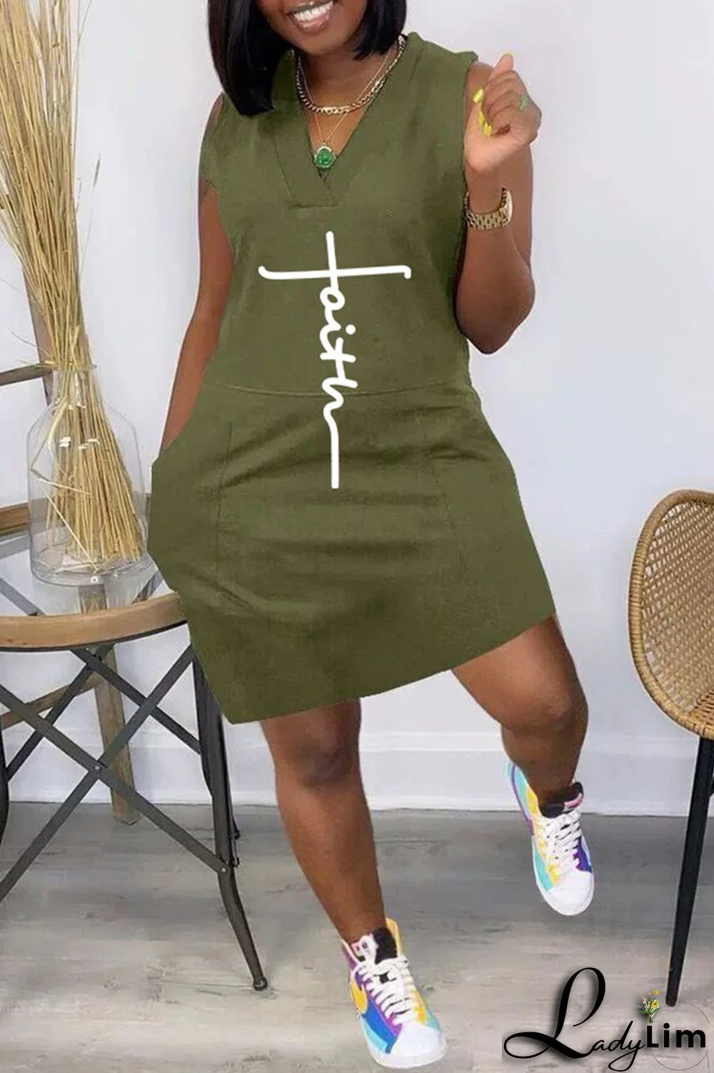 Army Green Fashion Casual Print Pocket V Neck Vest Dress