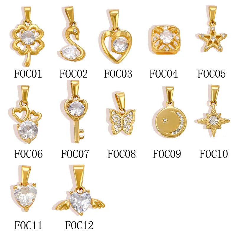 1 Piece 13.3*20.7mm 304 Stainless Steel Zircon 24K Gold Plated Star Heart Shape Butterfly Polished Pendant Jewelry Accessories