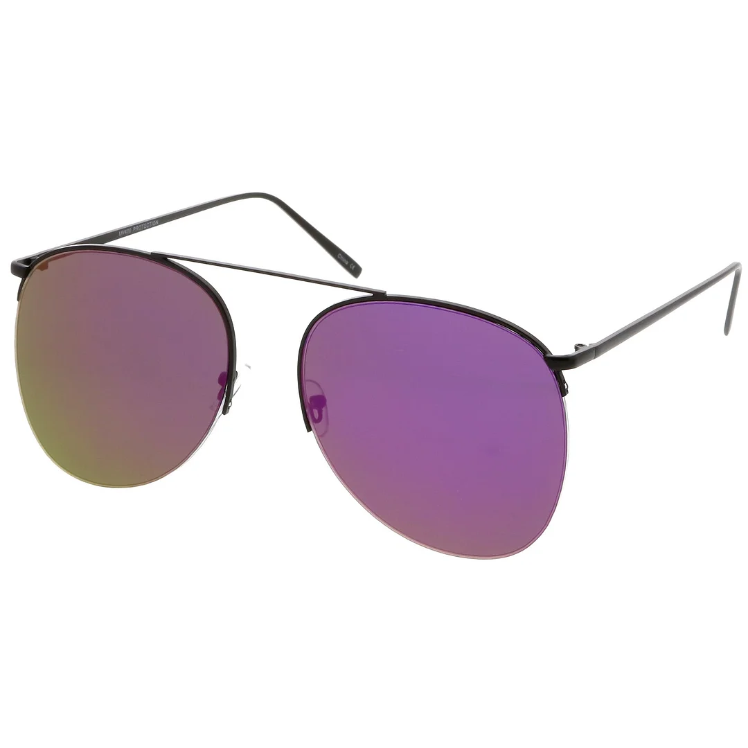Oversize Semi-Rimless Metal Aviator glasses Crossbar Colored Mirror Flat Lens 61mm
