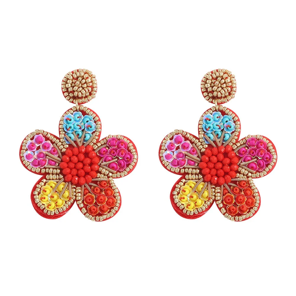 Dvacaman Bohemian Colourful Weave Beaded Flower Statement Drop Earrings Women Ethnic Handmade Seed Beads Dangle Earrings Jewelry