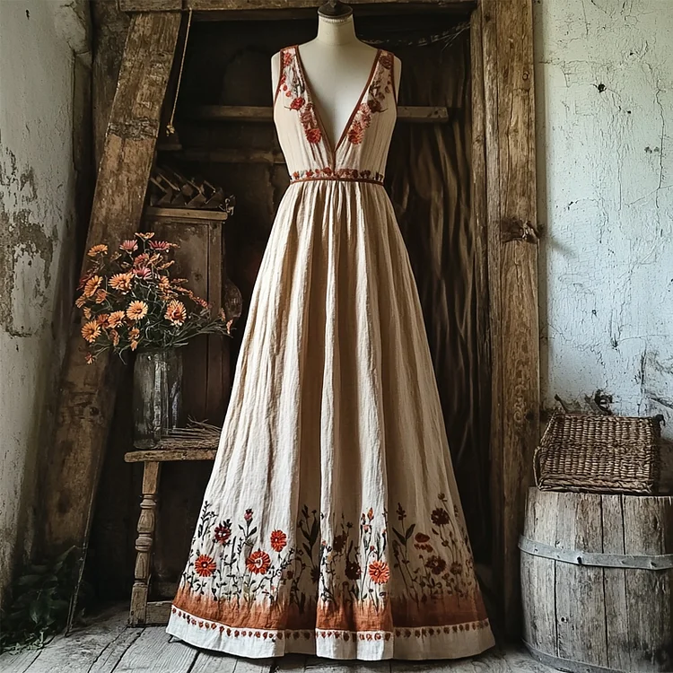 Vintage Boho Floral Embroidered Deep V Neck Linen Maxi Dress