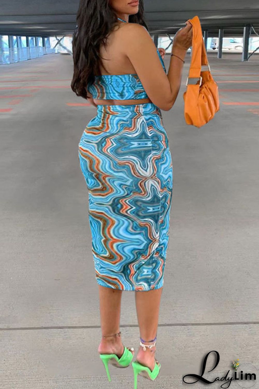 Royal Blue Sexy Print Patchwork Halter Plus Size Two Pieces