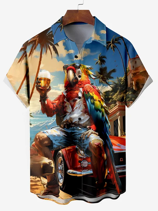 Hawaii Vacation Mr. Parrot Classic Car Casual Short Sleeve Shirt PLUSCLOTHESMAN