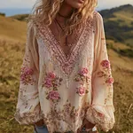 Bohème Rose Art Thin Long Sleeve V Neck Top - Image 2