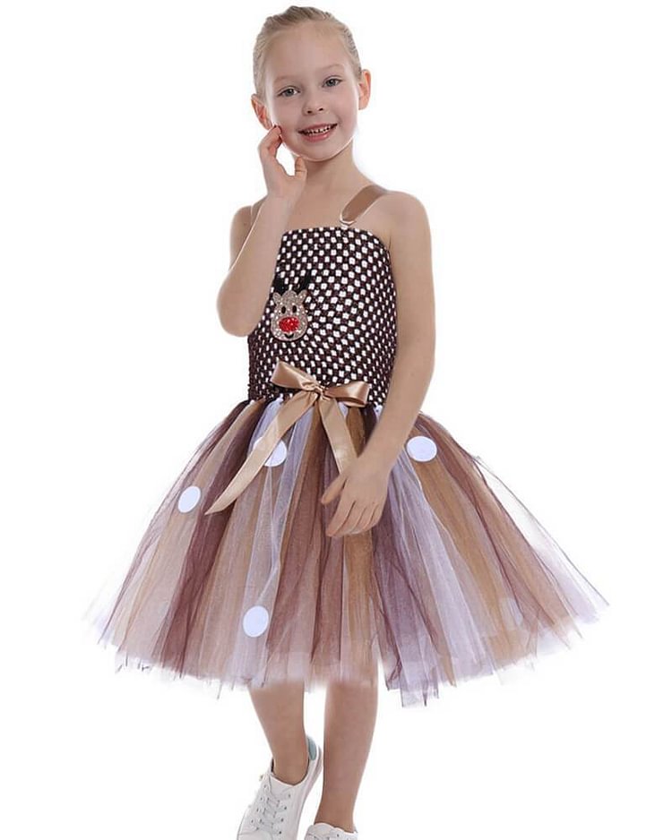 Brown Christmas Rudolph The Red Nosed Reindeer Tulle Lace Dress-Mayoulove