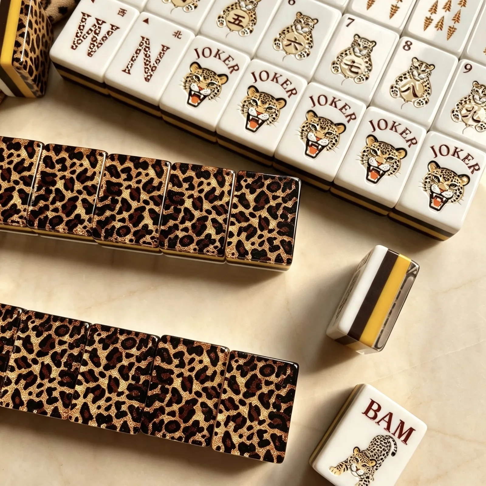 Leopard Family American Mahjong tiles styled for game night.