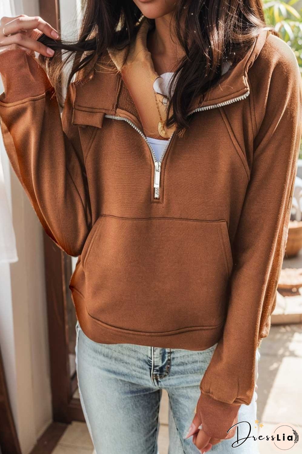 cozy brown hoodie with kangaroo pocket and quarter zip