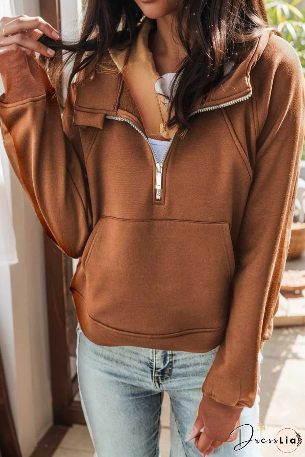 cozy brown hoodie with kangaroo pocket and quarter zip