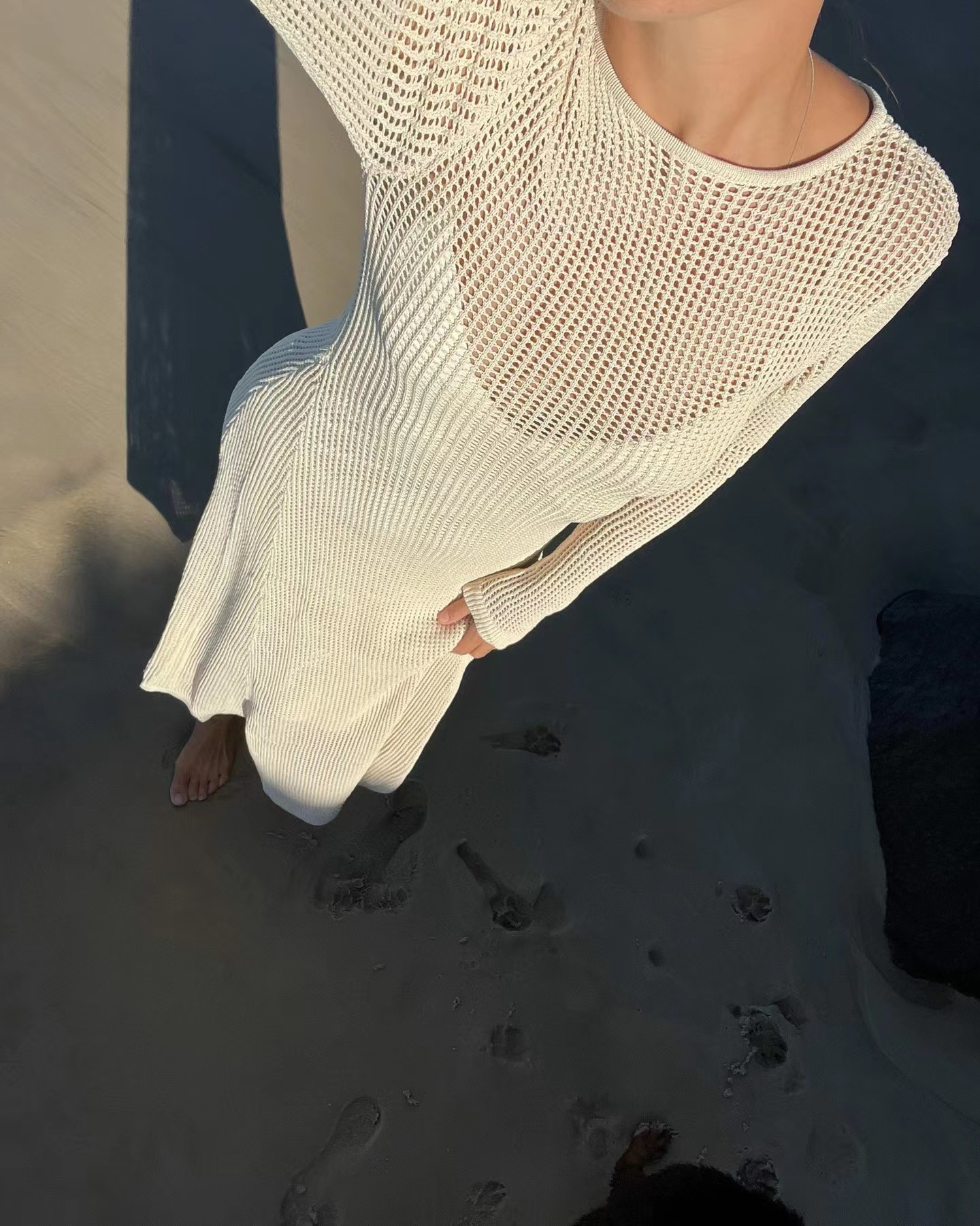 Ootddress White Crochet Hollow Out Midi Dress For Women Long Sleeve Casual Dress Beach Holiday See-Through Summer Dress Cover-Up