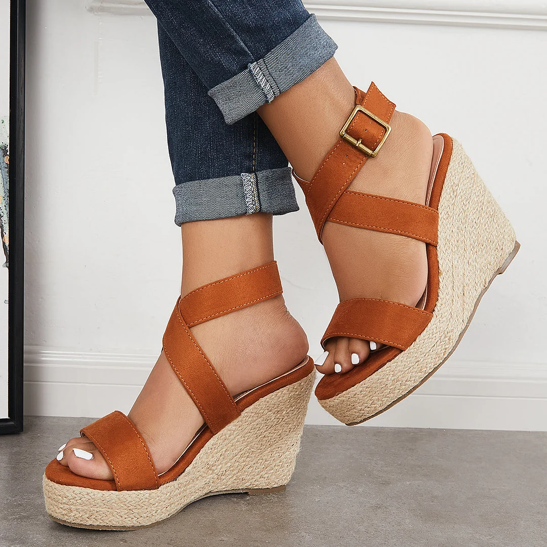 Criss-Cross Ankle Strap Espadrille Wedge Platform Sandals