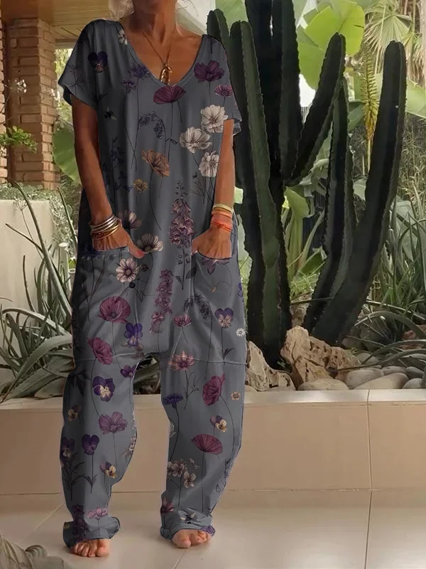Casual Floral Art Print V Neck Jumpsuit